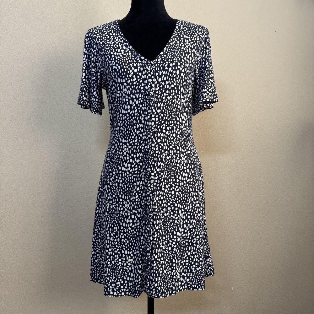 F&F Dress Womens Medium Black White Polka Dot Flutter Sleeve Button Up Summer